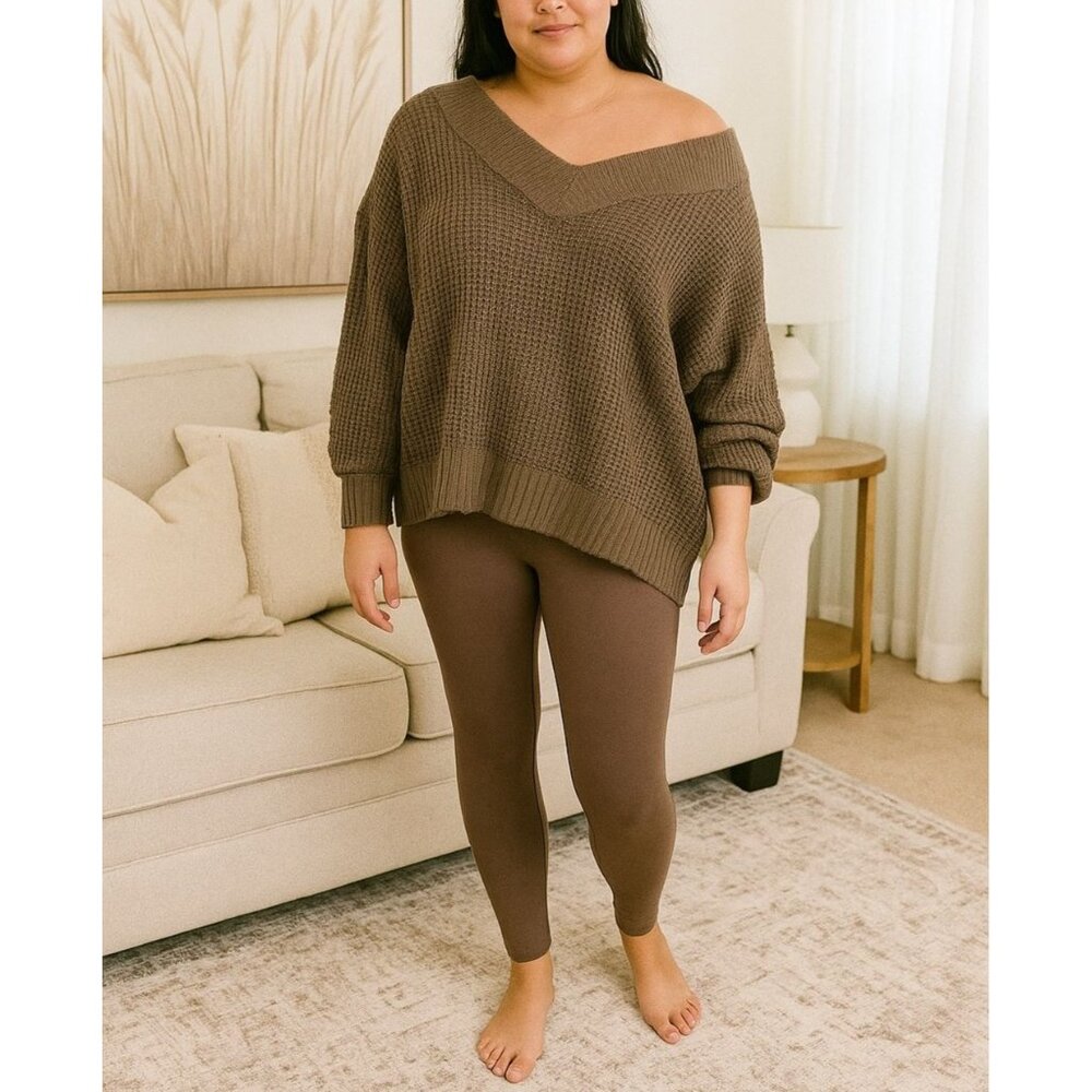 Zenana Plus Size Two Piece V-Neck Sweater & Legging Set Brown